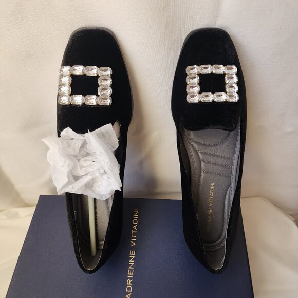 Adrienne Vittadini Black Velvet Crystal Buckle Flats Victorian Glam | 2YK size 9 - Picture 9 of 16